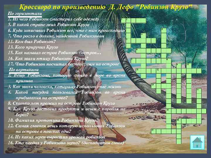 Кроссворд по произведению Д. Дефо "Робинзон Крузо" По горизонтали 1. Из чего Робинзон смастерил