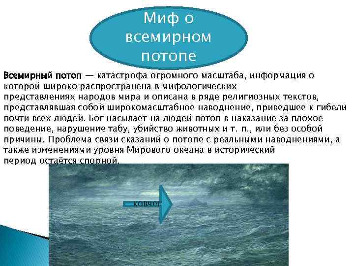 Миф о всемирном потопе Всемирный потоп — катастрофа огромного масштаба, информация о которой широко