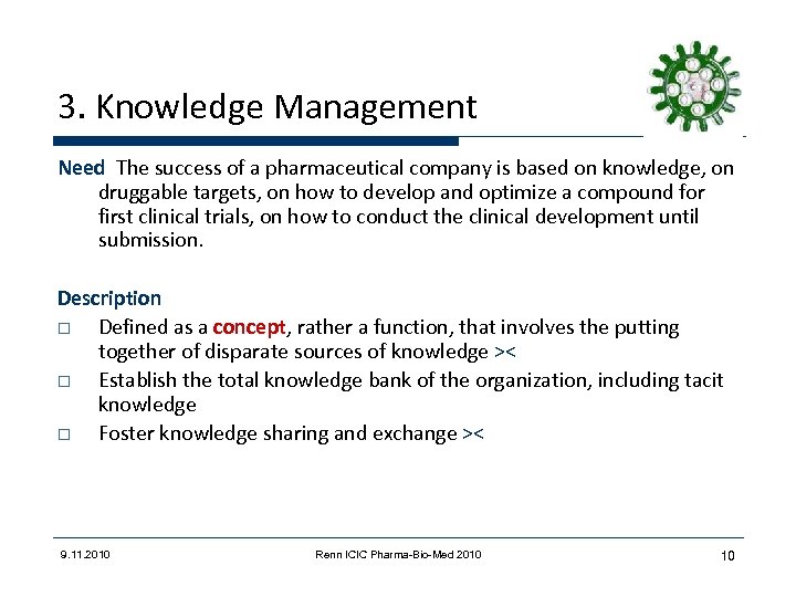 3. Knowledge Management Need The success of a pharmaceutical company is based on knowledge,