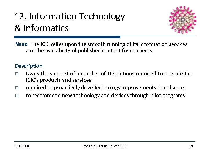 12. Information Technology & Informatics Need The ICIC relies upon the smooth running of