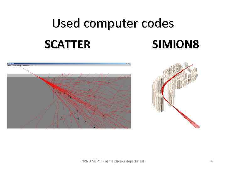 Used computer codes SCATTER NRNU MEPh. I Plasma physics department SIMION 8 4 