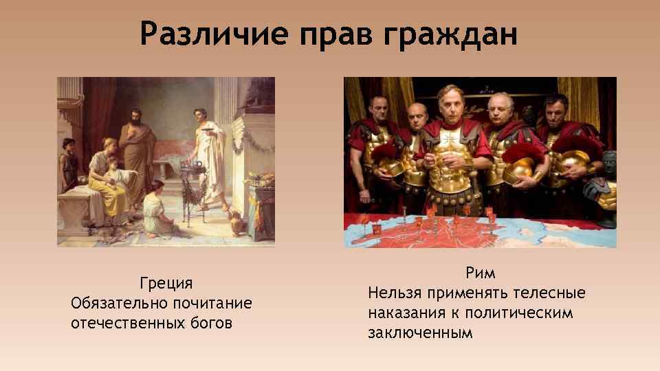 Различие прав граждан Греция Обязательно почитание отечественных богов Рим Нельзя применять телесные наказания к