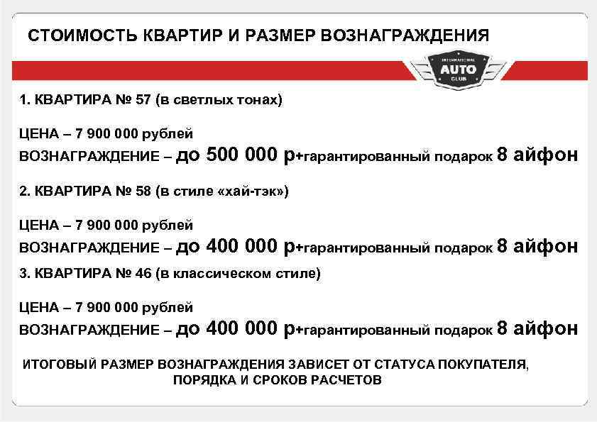 СТОИМОСТЬ КВАРТИР И РАЗМЕР ВОЗНАГРАЖДЕНИЯ 1. КВАРТИРА № 57 (в светлых тонах) ЦЕНА –