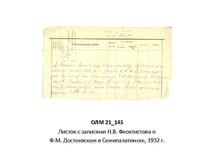 ОЛМ 21_145 Листок с записями Н. В. Феоктистова о Ф. М. Достоевском в Семипалатинске,