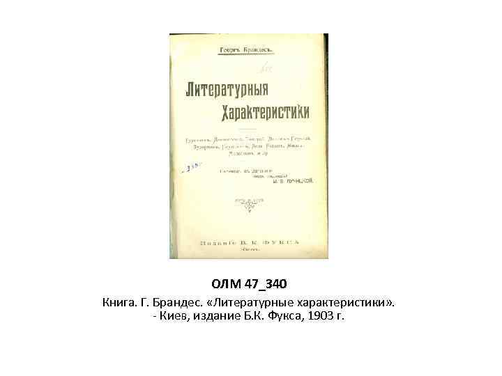 ОЛМ 47_340 Книга. Г. Брандес. «Литературные характеристики» . - Киев, издание Б. К. Фукса,