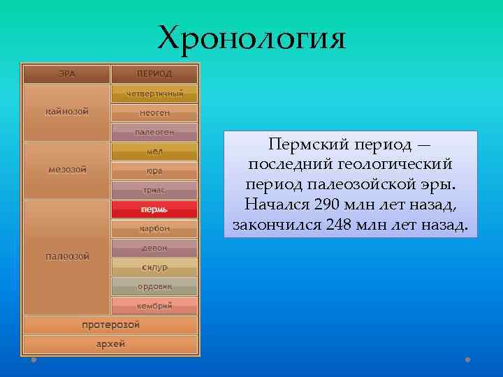 Хронология Пермский период — последний геологический период палеозойской эры. Начался 290 млн лет назад,