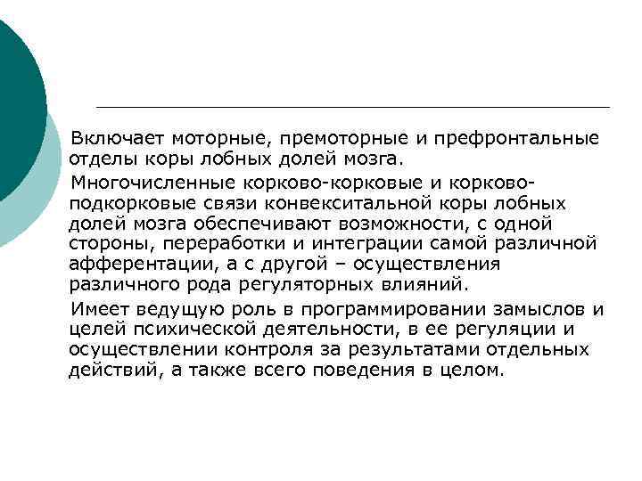  Включает моторные, премоторные и префронтальные отделы коры лобных долей мозга. Многочисленные корково-корковые и