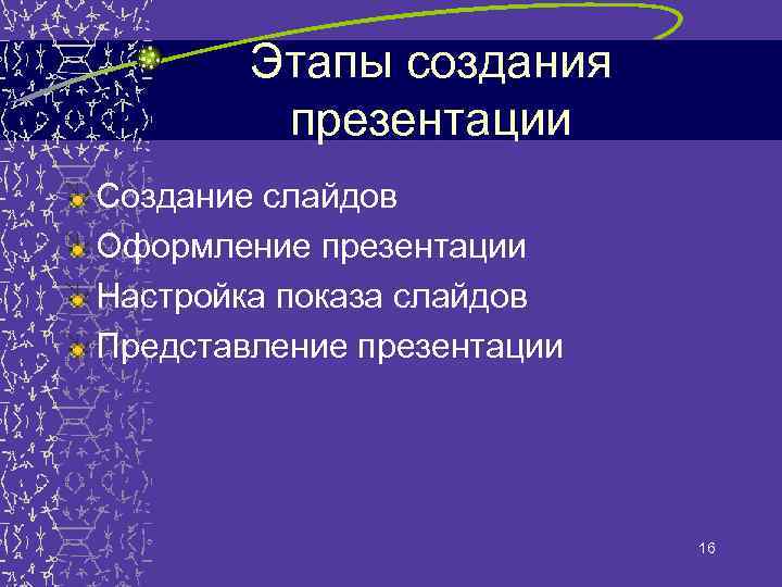 Этапы создания презентации Создание слайдов Оформление презентации Настройка показа слайдов Представление презентации 16 