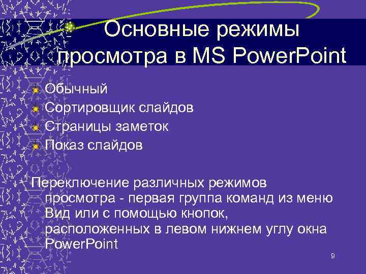 Основные режимы просмотра в MS Power. Point Обычный Сортировщик слайдов Страницы заметок Показ слайдов
