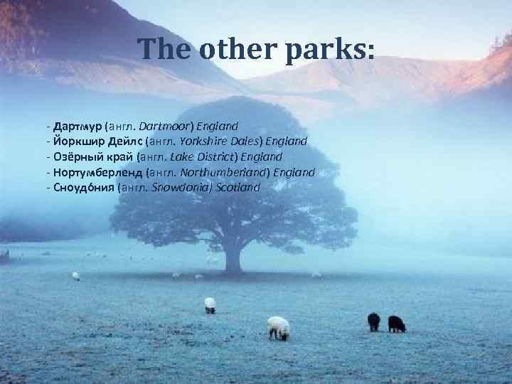 The other parks: - Дартмур (англ. Dartmoor) England - Йоркшир Дейлс (англ. Yorkshire Dales)