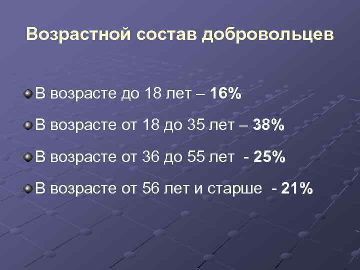 Возрастной состав добровольцев В возрасте до 18 лет – 16% В возрасте от 18