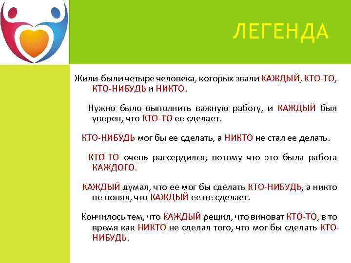 ЛЕГЕНДА Жили-были четыре человека, которых звали КАЖДЫЙ, КТО-ТО, КТО-НИБУДЬ и НИКТО. Нужно было выполнить