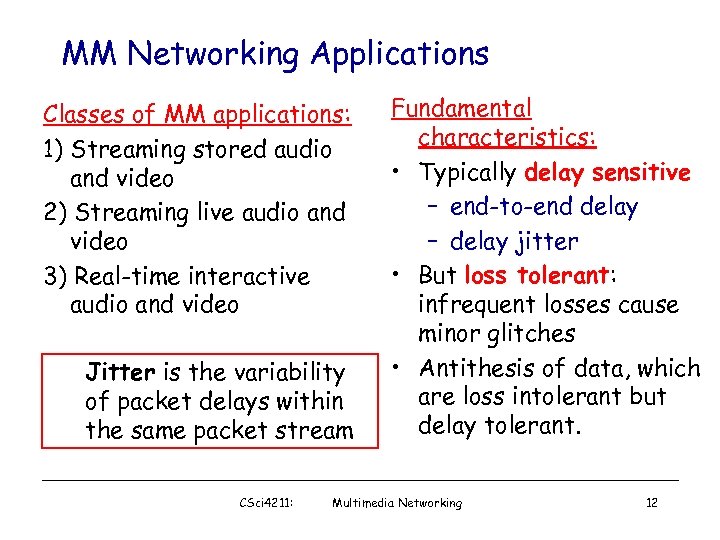 MM Networking Applications Classes of MM applications: 1) Streaming stored audio and video 2)