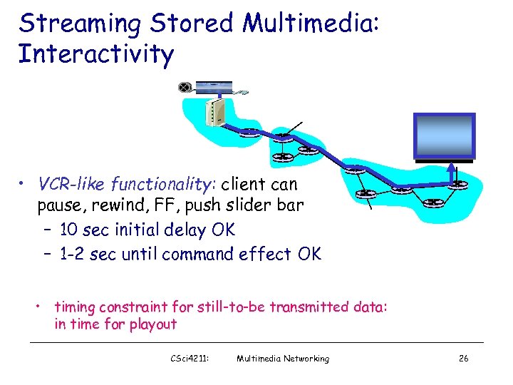 Streaming Stored Multimedia: Interactivity • VCR-like functionality: client can pause, rewind, FF, push slider