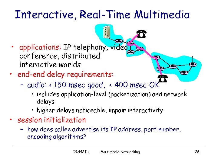 Interactive, Real-Time Multimedia • applications: IP telephony, video conference, distributed interactive worlds • end-end