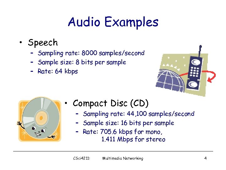 Audio Examples • Speech – Sampling rate: 8000 samples/second – Sample size: 8 bits