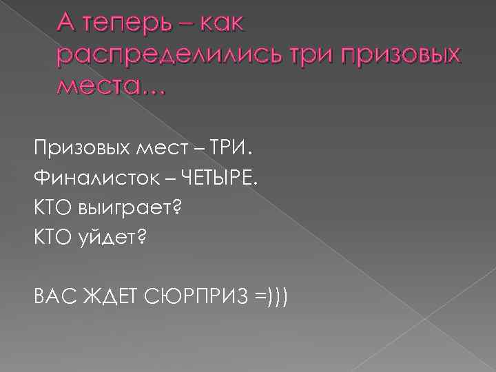 А теперь – как распределились три призовых места… Призовых мест – ТРИ. Финалисток –