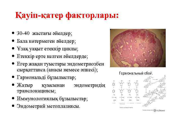 Қауіп-қатер факторлары: 30 -40 жастағы әйелдер; Бала көтермеген әйелдер; Ұзақ уақыт етеккір циклы; Етеккір