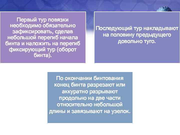 Первый тур повязки необходимо обязательно зафиксировать, сделав небольшой перегиб начала бинта и наложить на