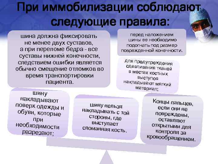 При иммобилизации соблюдают следующие правила: шина должна фиксировать не менее двух суставов, а при