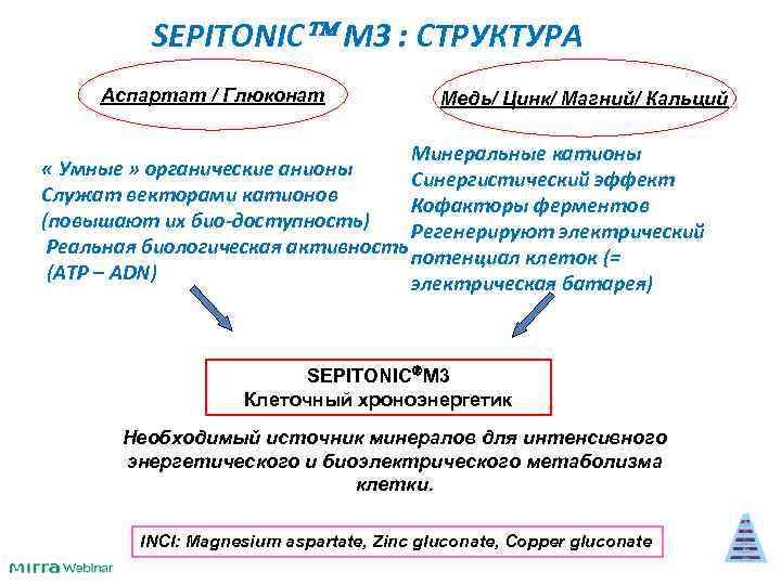 SEPITONIC M 3 : СТРУКТУРА Аспартат / Глюконат Медь/ Цинк/ Магний/ Кальций Минеральные катионы