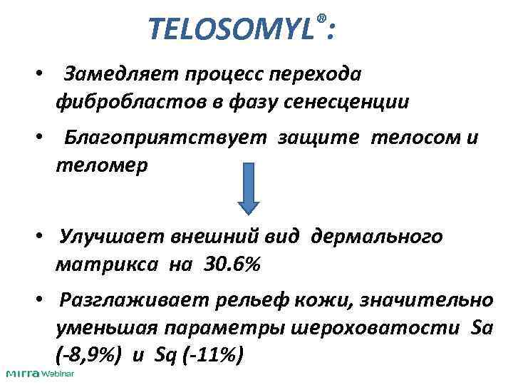 TELOSOMYL®: • Замедляет процесс перехода фибробластов в фазу сенесценции • Благоприятствует защите телосом и
