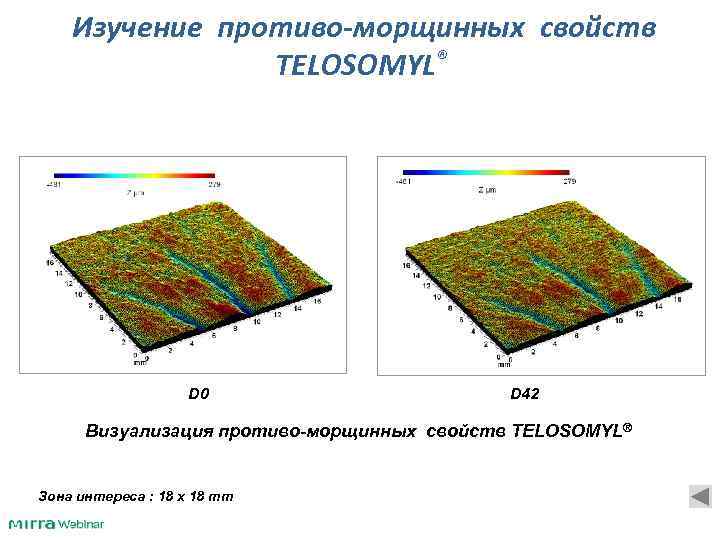  Изучение противо-морщинных свойств TELOSOMYL® D 0 D 42 Визуализация противо-морщинных свойств TELOSOMYL® Зона