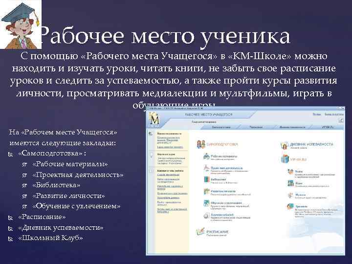 Рабочее место ученика С помощью «Рабочего места Учащегося» в «КМ-Школе» можно находить и изучать