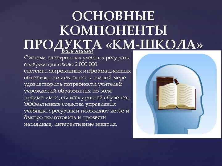 ОСНОВНЫЕ КОМПОНЕНТЫ ПРОДУКТА «КМ-ШКОЛА» База знаний Система электронных учебных ресурсов, содержащая около 2 000