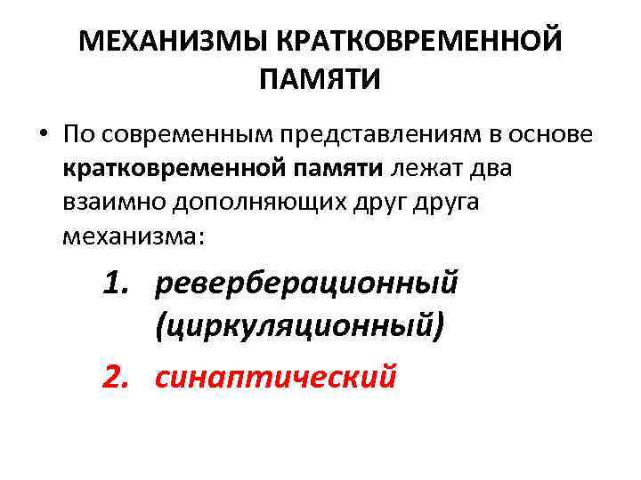 МЕХАНИЗМЫ КРАТКОВРЕМЕННОЙ ПАМЯТИ • По современным представлениям в основе кратковременной памяти лежат два взаимно