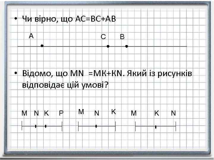  • Чи вірно, що АС=ВС+АВ A B C • Відомо, що МN =МК+КN.