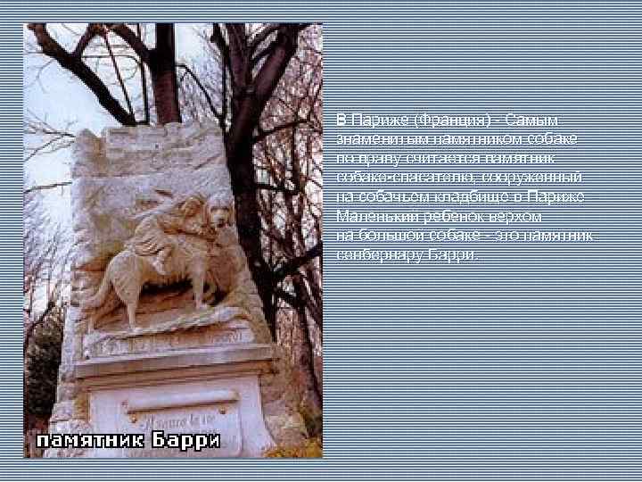 В Париже (Франция) - Самым знаменитым памятником собаке по праву считается памятник собаке-спасателю, сооруженный