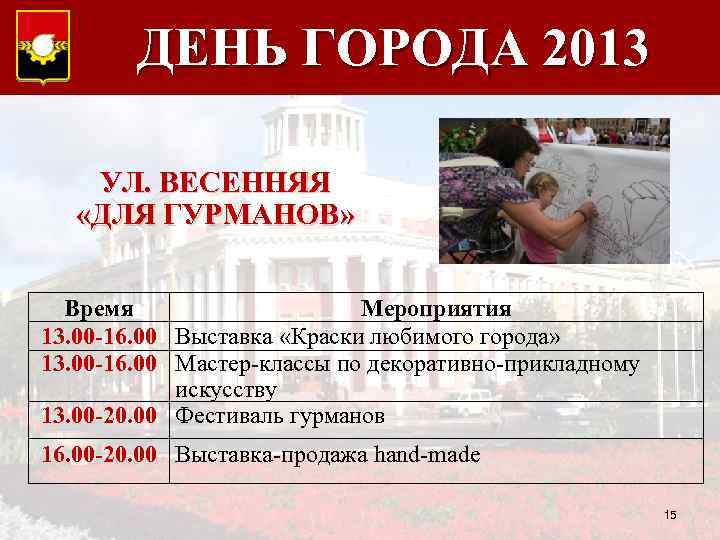 ДЕНЬ ГОРОДА 12 ИЮНЯ 2013 ДЕНЬ ГОРОДА 2011 г. УЛ. ВЕСЕННЯЯ «ДЛЯ ГУРМАНОВ» Время