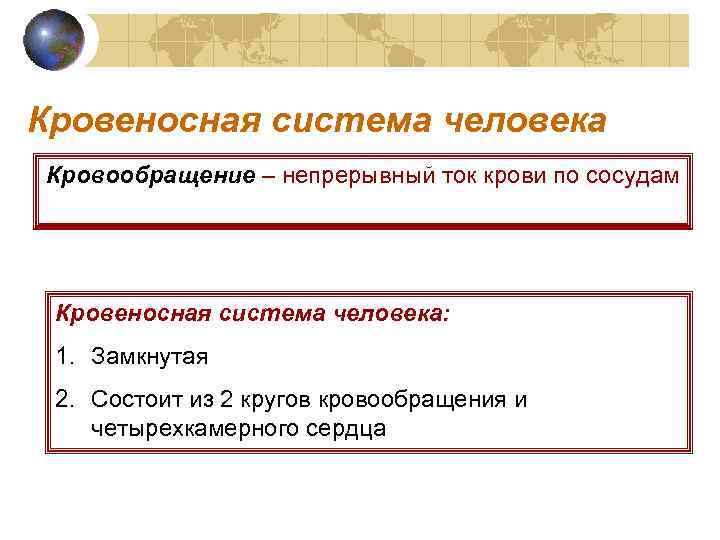 Кровеносная система человека Кровообращение – непрерывный ток крови по сосудам Кровеносная система человека: 1.