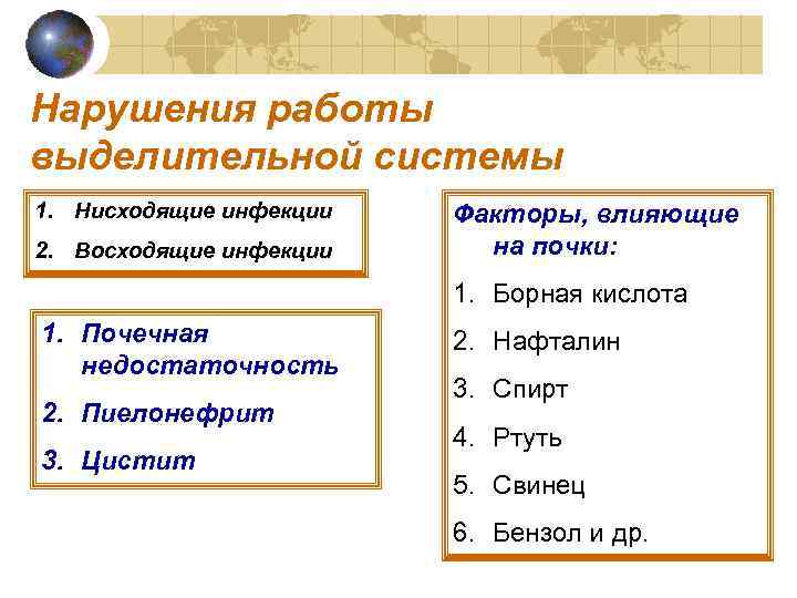 Нарушения работы выделительной системы 1. Нисходящие инфекции 2. Восходящие инфекции Факторы, влияющие на почки: