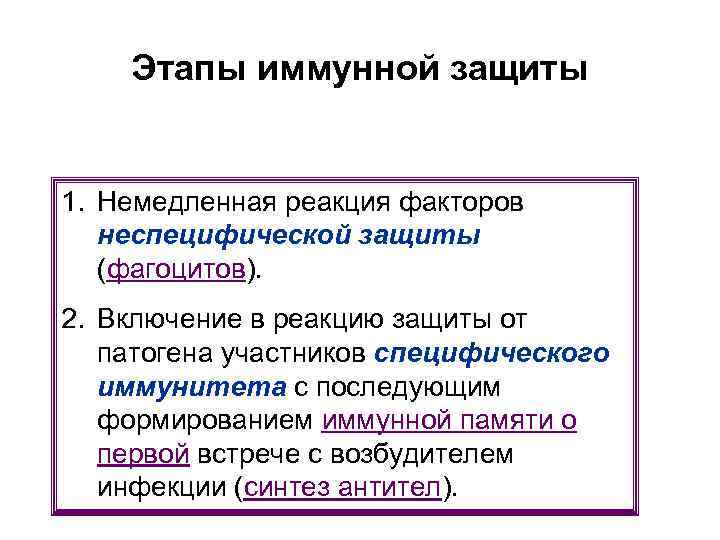 Этапы иммунной защиты 1. Немедленная реакция факторов неспецифической защиты (фагоцитов). 2. Включение в реакцию