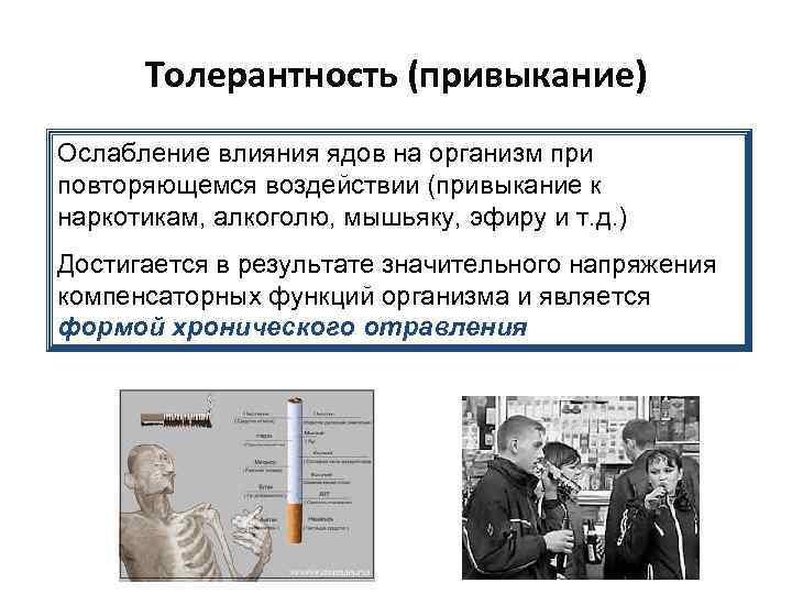 Толерантность (привыкание) Ослабление влияния ядов на организм при повторяющемся воздействии (привыкание к наркотикам, алкоголю,
