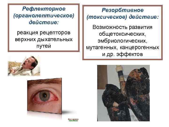 Рефлекторное (органолептическое) действие: реакция рецепторов верхних дыхательных путей Резорбтивное (токсическое) действие: Возможность развития общетоксических,