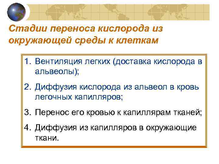 Стадии переноса кислорода из окружающей среды к клеткам 1. Вентиляция легких (доставка кислорода в