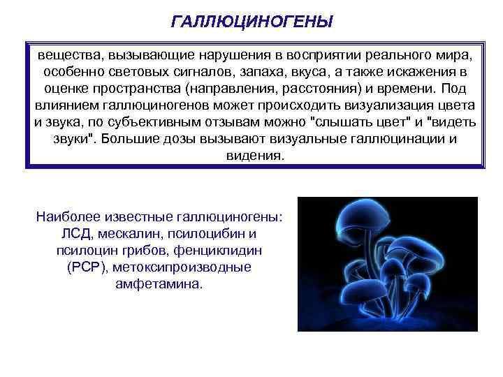 ГАЛЛЮЦИНОГЕНЫ вещества, вызывающие нарушения в восприятии реального мира, особенно световых сигналов, запаха, вкуса, а