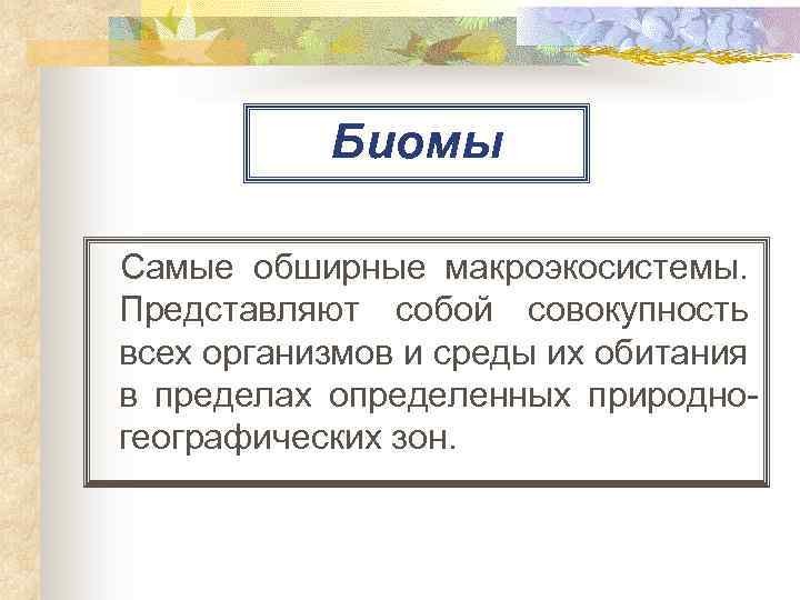 Биомы Самые обширные макроэкосистемы. Представляют собой совокупность всех организмов и среды их обитания в