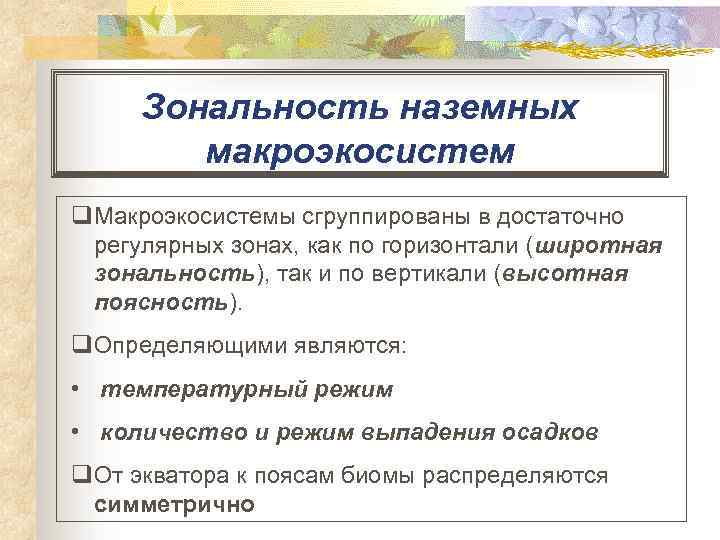 Зональность наземных макроэкосистем q Макроэкосистемы сгруппированы в достаточно регулярных зонах, как по горизонтали (широтная