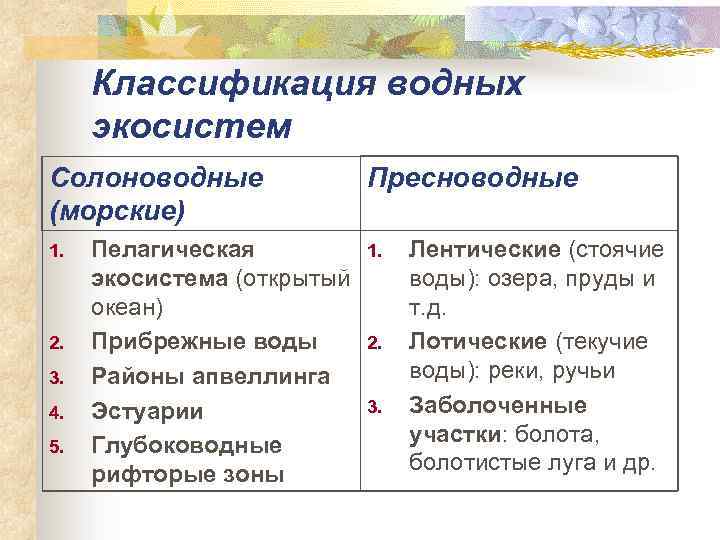 Классификация водных экосистем Солоноводные (морские) 1. 2. 3. 4. 5. Пелагическая экосистема (открытый океан)