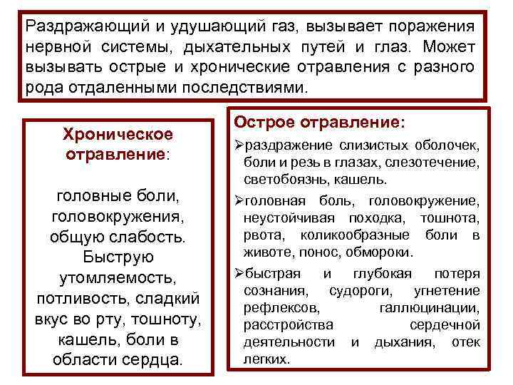 Раздражающий и удушающий газ, вызывает поражения нервной системы, дыхательных путей и глаз. Может вызывать