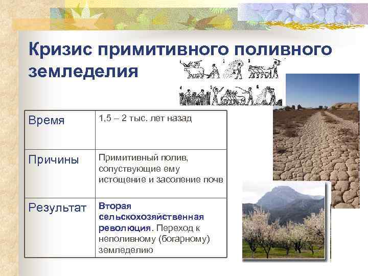Кризис примитивного поливного земледелия Время 1, 5 – 2 тыс. лет назад Причины Примитивный