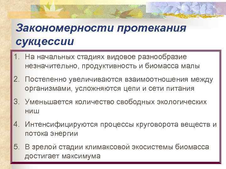 Закономерности протекания сукцессии 1. На начальных стадиях видовое разнообразие незначительно, продуктивность и биомасса малы