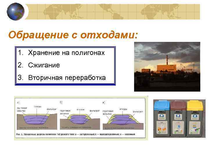 Обращение с отходами: 1. Хранение на полигонах 2. Сжигание 3. Вторичная переработка 