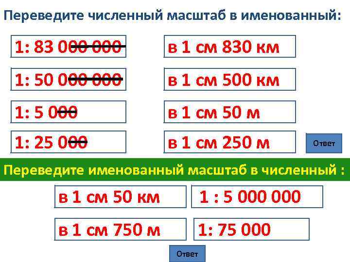 Переведите численный масштаб в именованный: 1: 83 000 в 1 см 830 км 1: