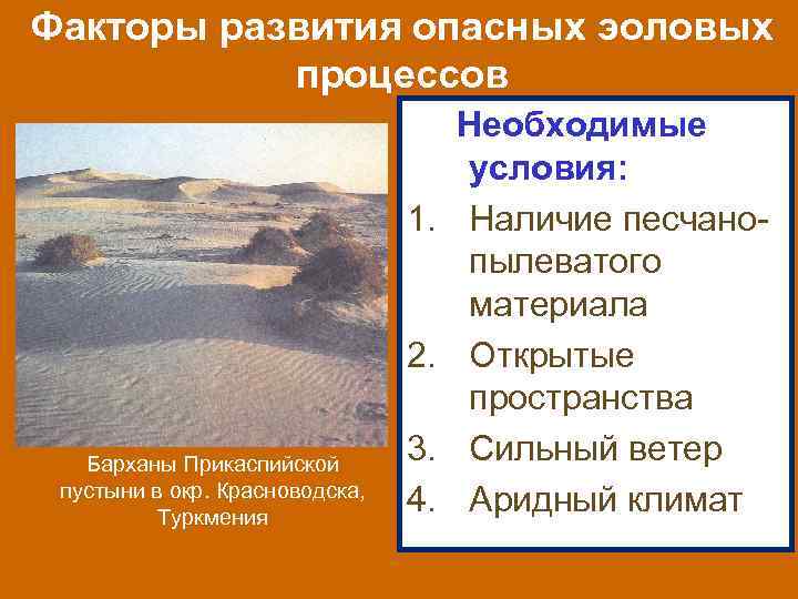 Факторы развития опасных эоловых процессов Барханы Прикаспийской пустыни в окр. Красноводска, Туркмения Необходимые условия: