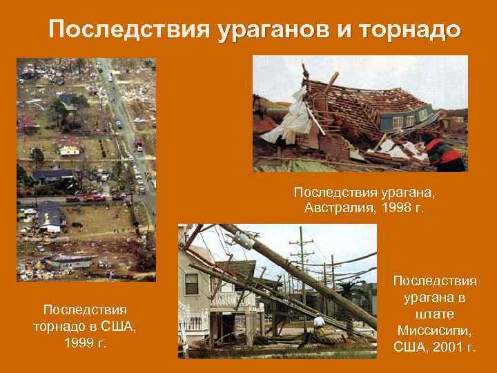 Последствия ураганов и торнадо Последствия урагана, Австралия, 1998 г. Последствия торнадо в США, 1999
